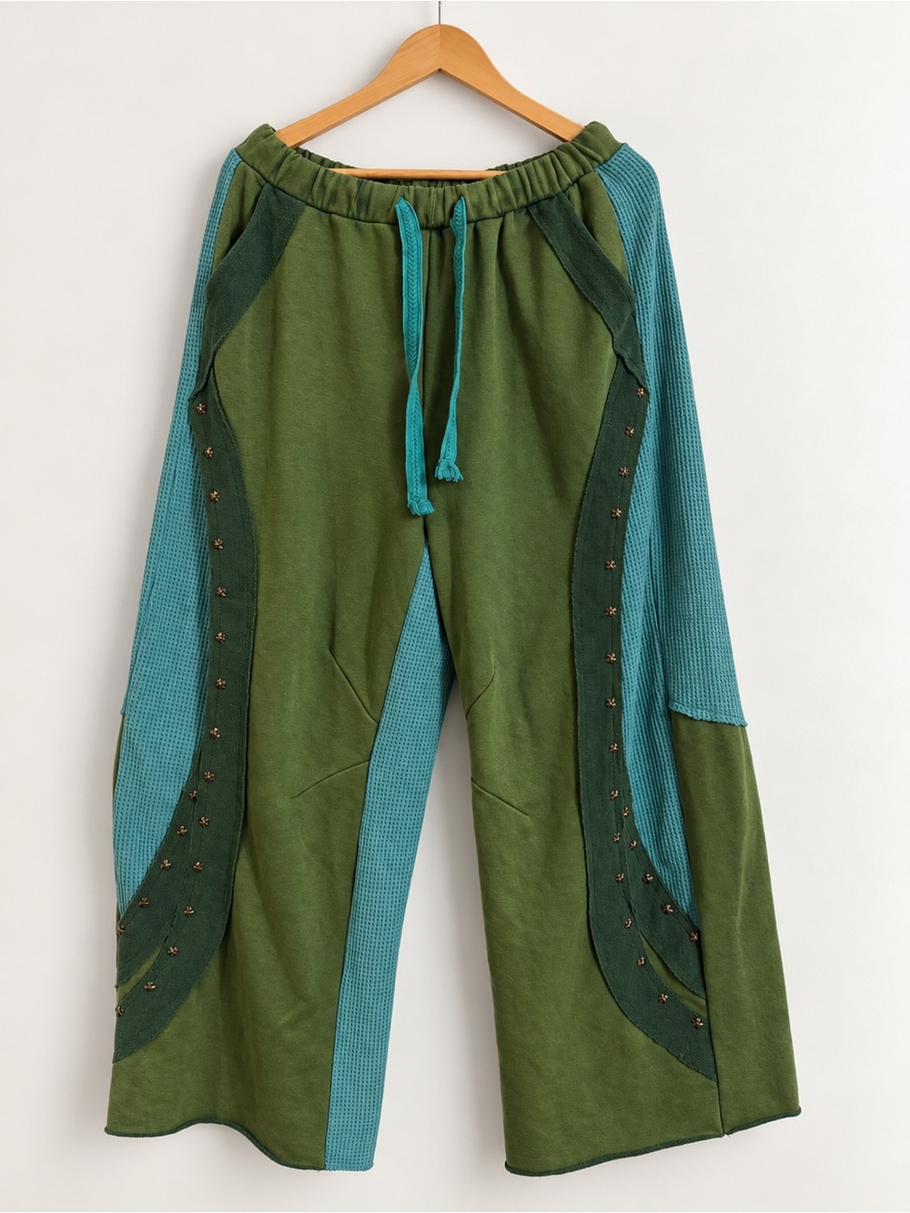 Green & Teal Wide-Leg Drawstring Pants